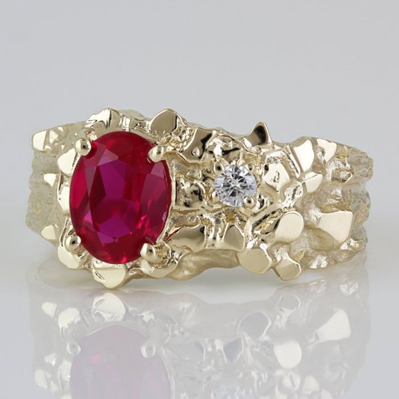 Vintage 10k Yellow Gold Oval Lab-created Ruby + Diamond Nugget Cocktail Ring